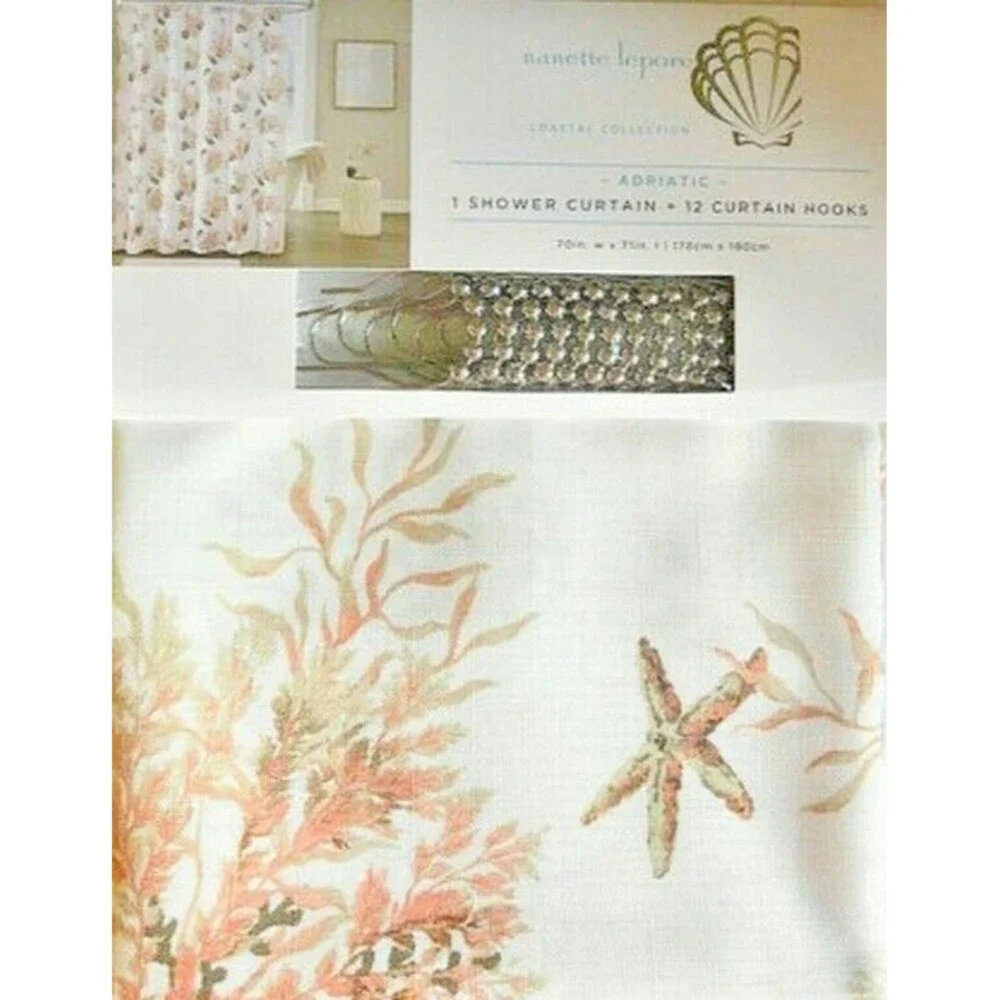 Nanette Lepore Adriatic Shells Shower Curtain w/ Hooks Beach Nautical Fabric